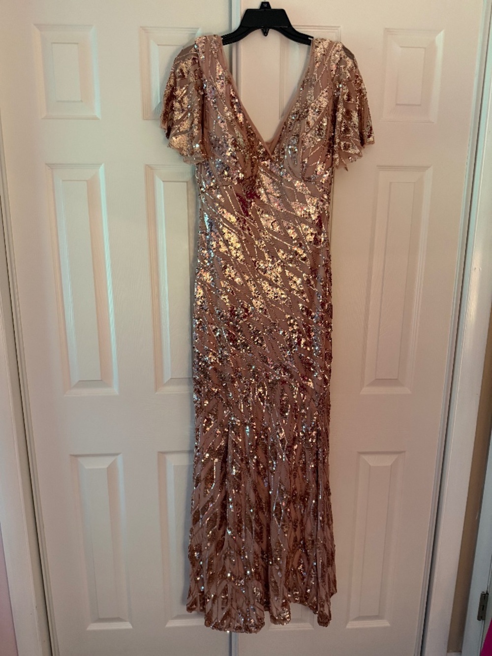R&M Richards Mesh Flutter Sleeve Sequin Gown Latte, Size 12